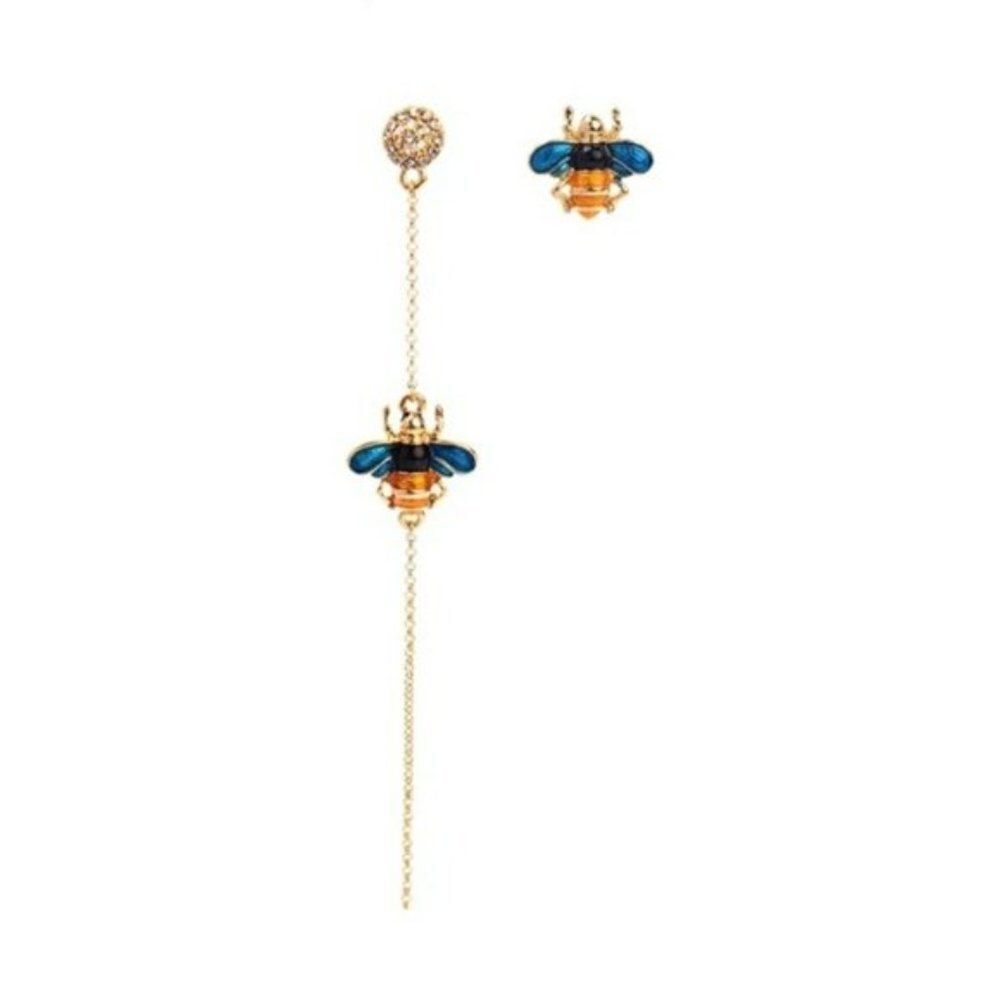 Blue Enamel Glaze Mismatch Crystal Bee Asymmetrical Gold Statement Drop Earrings